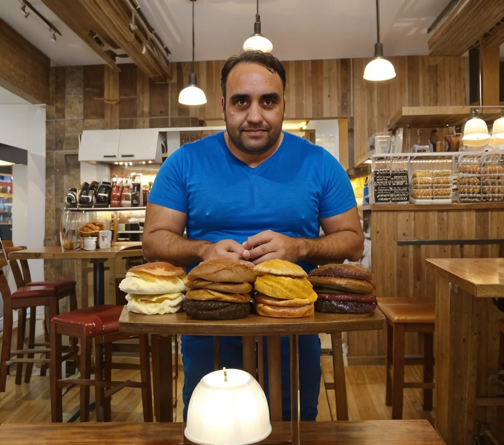 a 40-year-old man, , brown eyes and hair, 95kg, full body,  , realistic, ultra-detailed, vivid colors, professional lighting, portrait, In a cafe, distracted photo, Professional photo, distracted look 