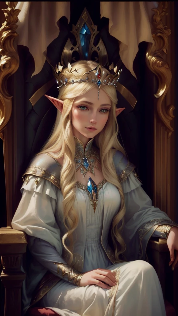 A lady sitting on a throne,Close-up of a crowned head, ((Beautiful fantasy queen)), Blonde Elf Queen, portrait of an Fairy Queen, beautiful Elf Princess, Fairy Queen Galadriel, Beautiful fantasy queen, beautiful and elegant Fairy Queen, Elf Princess, an Fairy Queen, elfic priestess, Fairy Queen