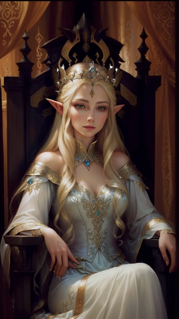 A lady sitting on a throne,Close-up of a crowned head, ((Beautiful fantasy queen)), Blonde Elf Queen, portrait of an Fairy Queen, beautiful Elf Princess, Fairy Queen Galadriel, Beautiful fantasy queen, beautiful and elegant Fairy Queen, Elf Princess, an Fairy Queen, elfic priestess, Fairy Queen