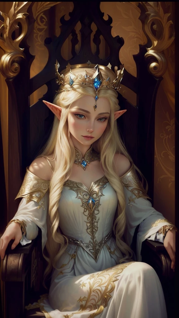 A lady sitting on a throne,Close-up of a crowned head, ((Beautiful fantasy queen)), Blonde Elf Queen, portrait of an Fairy Queen, beautiful Elf Princess, Fairy Queen Galadriel, Beautiful fantasy queen, beautiful and elegant Fairy Queen, Elf Princess, an Fairy Queen, elfic priestess, Fairy Queen