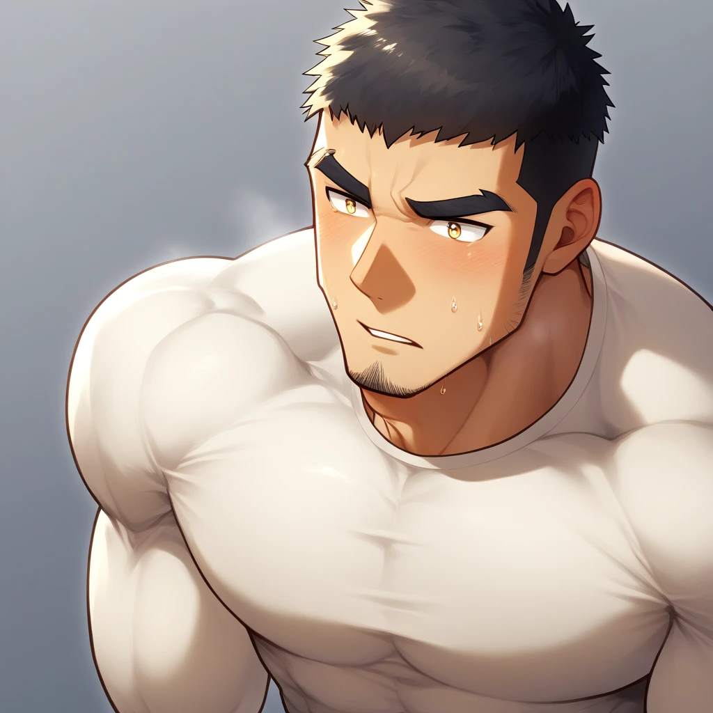 anime characters：Gyee, Muscle Sports Student, 1 muscular tough guy, Manliness, male focus, Light yellow high collar long sleeve tight T-shirt, Very tight, The clothes were soaked with sweat, The pectoral muscles are oversized, Slightly , muscular male, muscular, only, Upper body, alone, Black short hair, Thick eyebrows, stubble, Yellow eyes, Grey background, simple background, amazing quality, best aesthetics, Ridiculous, bright pupils, crew cut, parted lips, shy, blush, drop shadow, best quality