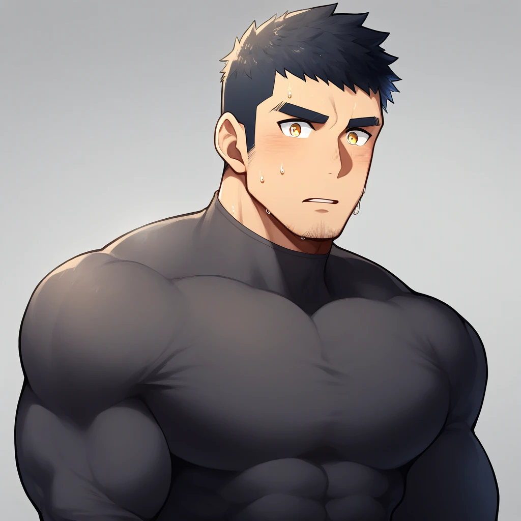anime characters：Gyee, Muscle Sports Student, 1 muscular tough guy, Manliness, male focus, Light yellow high collar long sleeve tight T-shirt, Very tight, The clothes were soaked with sweat, The pectoral muscles are oversized, Slightly transparent, muscular male, muscular, only, Upper body, alone, Black short hair, Thick eyebrows, stubble, Yellow eyes, Grey background, simple background, amazing quality, best aesthetics, Ridiculous, bright pupils, crew cut, parted lips, shy, blush, drop shadow, best quality