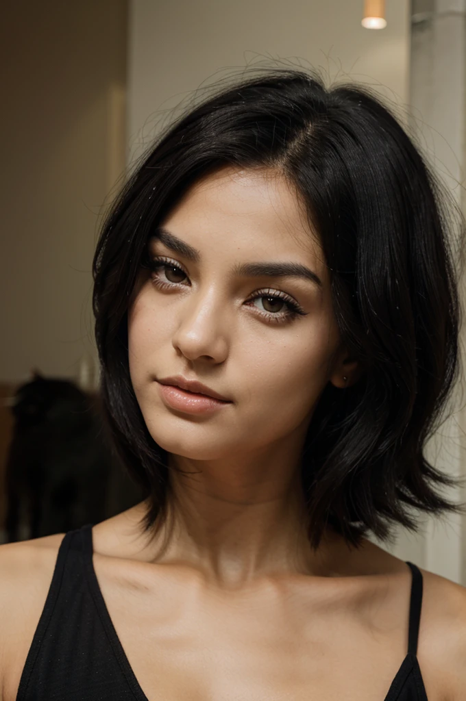 a black hair girl with cat eyes , the defined face with the jawline and beautiful skin