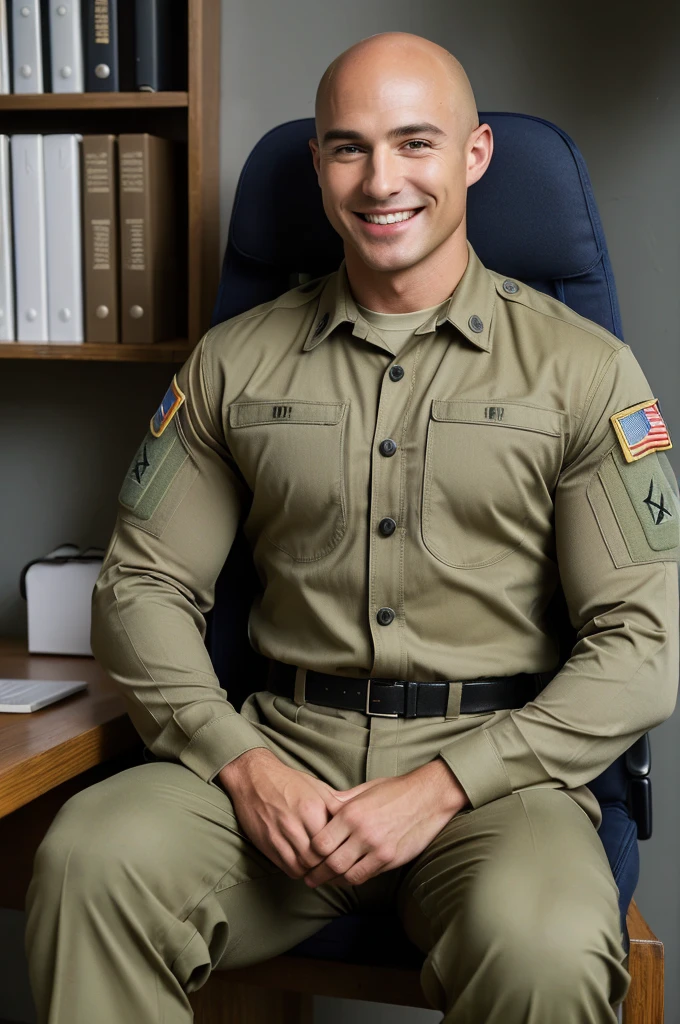 ((8k ((best quality)), ((masterpiece)), (very detailed), real face bald male muscular male full body wear soldier suit sit on office smiling