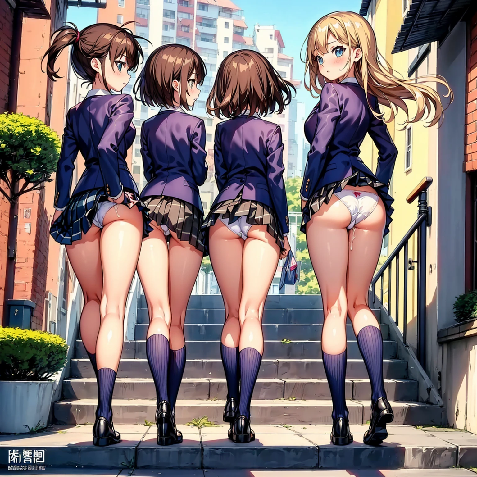 ((highest quality)), ((masterpiece)), (High resolution), 8K, best shadow, The best natural light, cinematic, (Four adult women walking up the stairs:1.4), (brown hair,)、Looking back, bashful、blazer、navy check skirt、(dark blue socks)、((Rear view))、Angle from the rear, dark blue socksにクローズアップ、Manga panel layout、cartoon style、Manga Design、station stairs, (Skirts that turn over in strong winds:1.4), Stylish white satin panties, slender body,beautiful thighs, embarrassed expression,NSFW,cum in panties

