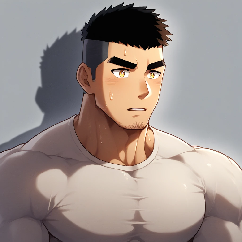 anime characters:Gyee, Muscle Sports Student, 1 muscular tough guy, Manliness, male focus, Light yellow high collar long sleeve tight T-shirt, Very tight, The clothes were soaked with sweat, The pectoral muscles are oversized, Slightly transparent, muscular male, muscular, only, Upper body, alone, Black short hair, Thick eyebrows, stubble, Yellow eyes, Grey background, simple background, amazing quality, best aesthetics, Ridiculous, bright pupils, crew cut, parted lips, shy, blush, drop shadow, best quality