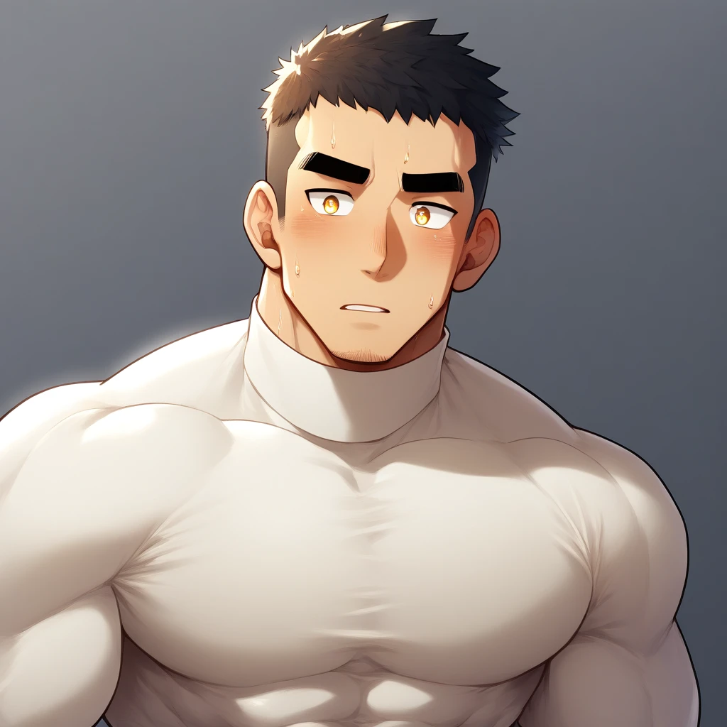 anime characters：Gyee, Muscle Sports Student, 1 muscular tough guy, Manliness, male focus, Light yellow high collar long sleeve tight T-shirt, Very tight, The clothes were soaked with sweat, The pectoral muscles are oversized, Slightly transparent, muscular male, muscular, only, Upper body, alone, Black short hair, Thick eyebrows, stubble, Yellow eyes, Grey background, simple background, amazing quality, best aesthetics, Ridiculous, bright pupils, crew cut, parted lips, shy, blush, drop shadow, best quality