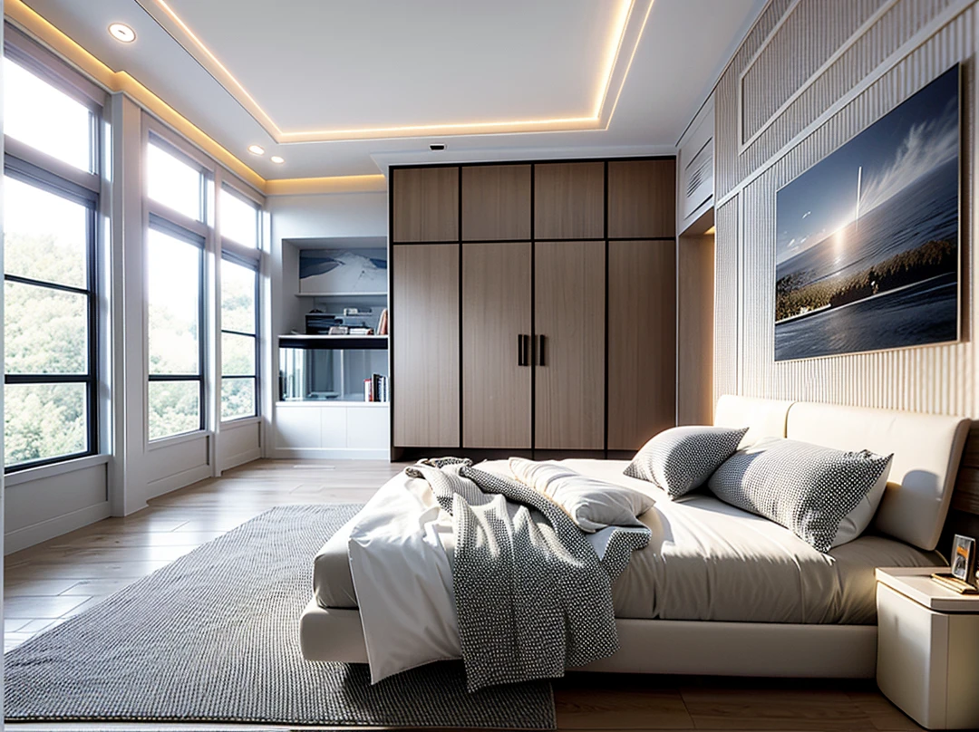 Lao Chen, Interior Design, bed room, Light Color, (grossy wooden floor), (sofft warm led light), (circle spotlight), (indoor), (woodrn door), (tone white color), {bright sunlight|midday}, {Best Quality|Masterpiece|best illustration|Photorealism archdaily|award winning design|photorealistic|extreme detail|Stunning|photographic render|High-fidelity|vray render|Eye-catching|Sharp edge render}, ((masterpiece)), ((best quality:1.4)),(ultra-high resolution:1.2),(realistic:1.4),(8k:1.2)