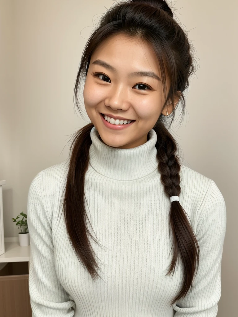 photo of a playful cute asian teen submissive wife messy long hair thrown into a messy bun ponytail. She wears: (turtleneck high ribbed bright tight white sweater:1.1), submissive seductive pose, high tight ribbed neck, seductive smile, perfect fake tits, turtleneck top