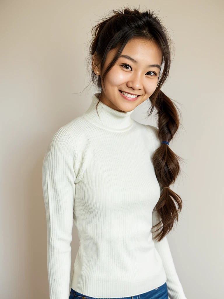 photo of a playful cute asian teen submissive wife with big beautiful eyes, messy long hair thrown into a messy bun ponytail. She wears: (turtleneck high ribbed bright tight white sweater:1.1), submissive seductive pose, high tight ribbed neck, seductive smile, perfect fake tits, turtleneck top