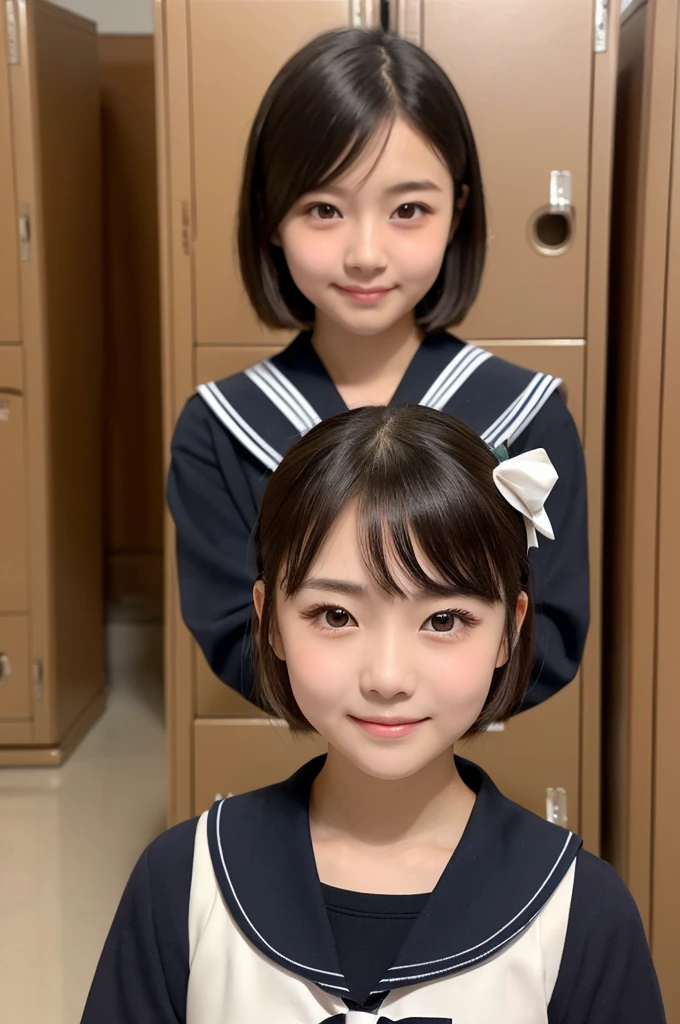 (1 Girl )、(Beautiful Japanese、18years old,round face、Refreshing、clear、seems kind、stylish、Pitiful、cute like an angel、cute、black eyes、,Almond-shaped eyes,Single eyelid、Beautiful skin), {(Japan human face:1.4),,(General facial features)} , (Beautiful breasts:0.4),(very cute),(short hair),(enchanting eyes),(highlight on eyes:1.2)、(8K、Live shooting、highest quality、masterpiece:1.2、optimal lighting)、((masterpiece)),(Photo taken by a professional photographer),(real、photo real:1.4),BREAK,{(cute Japanese high school sailor uniform),((traditional Sailor Suit:1.0))},(cheeks are red:1.3), BREAK, BREAK,Face shot:1.3、 face close-up,Looking at viewer,lovely smile,evening、Japan,evening、(((in front of the school shoe lockers)))),