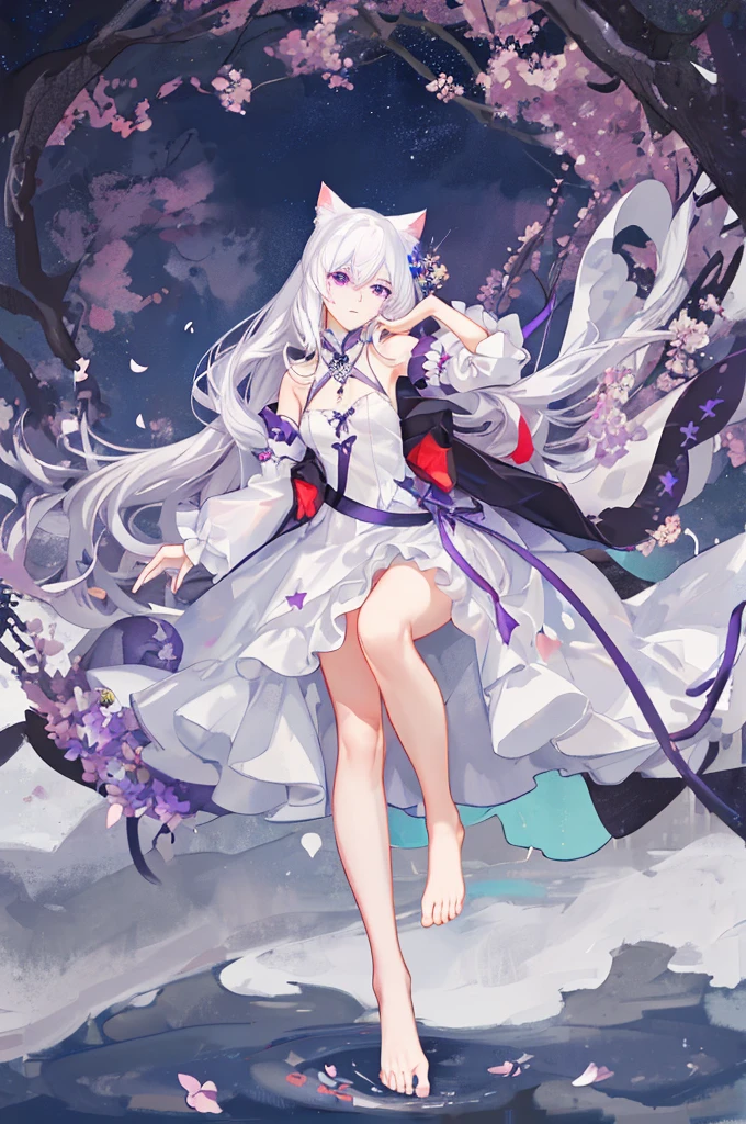 Like watercolor,View from chest up,A delicate and elegant girl, Long wavy hair that reaches the knees,White hair is very attractive, Detailed and precise manual work, Attractive girl, White cat ears, look at me, Purple eyes and white eyelashes,Her cheeks turned red,Big angel wings, A subject that stands out against the dark night sky,Girl surrounded by purple flowers, White Dress, Dramatic moonlight that makes your subject stand out,star,惑star, barefoot,Ankle decoration,floating、Night Sky Girl。