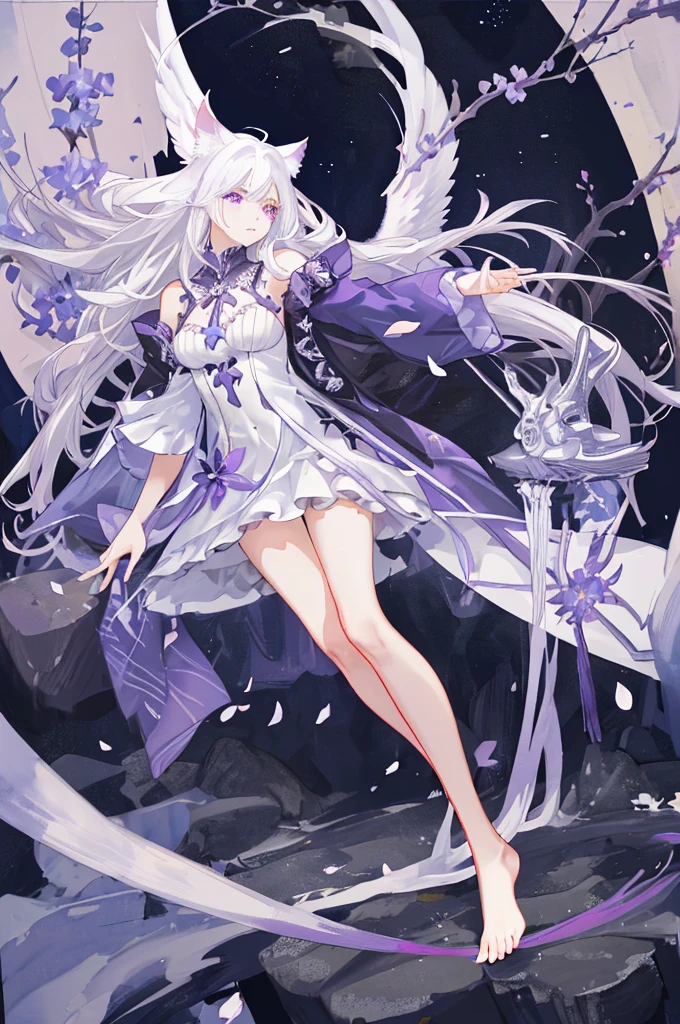 White-haired woman,Aura around,Beautiful purple eyes,White gauze dress, thin, Purple cloth covers all vital organs except the face.................., Wear a knee-length white dress...................,The arm does not reach the top of the hip...................,The arms are small................., But the ligaments are very large...................,Soft hands,at night,moon,turned sideways,purple eyes,flower garden,with large breasts,Fairly tall,adolescent,Dark purple eyes.,eye color gradient