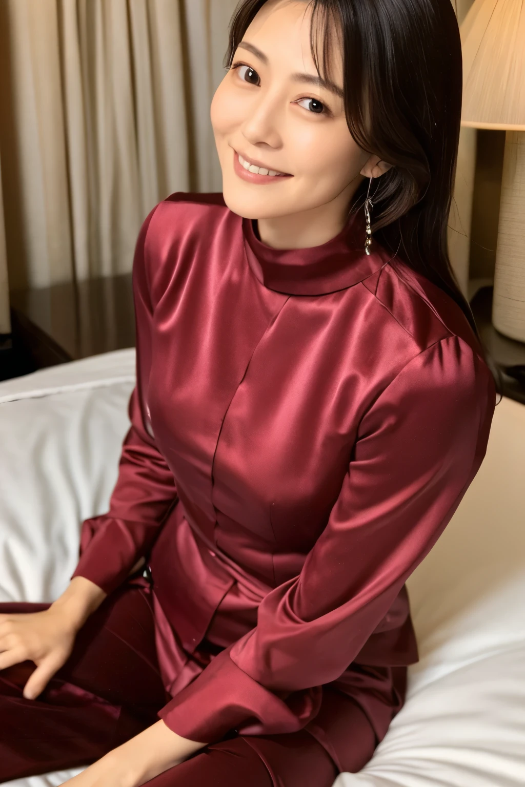 masterpiece, Best quality, Skinny Japanese woman, 40 years old, sexy nightwear, on the bed in a hotel room, correct body structure, slight smile, perfect face, detailed face, detailed eyes