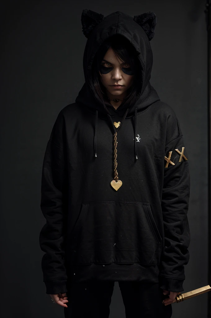 Make Sans Undertale by wearing a black hoodie and a furry hoodie in front, wearing black clothes , wearing a gold heart necklace and on his clothes there is a white rope with an X symbol and holding a red hack knife