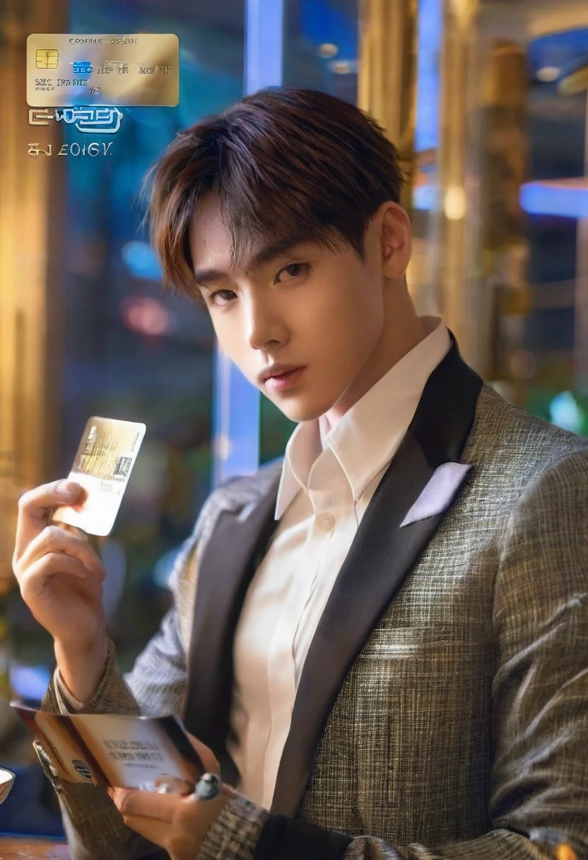 AI big breasts_human　Asian　male性　　male　wild　Short Hair　short hair　Formal attire　Jacket　shirt　Fine dining background　holding credit card