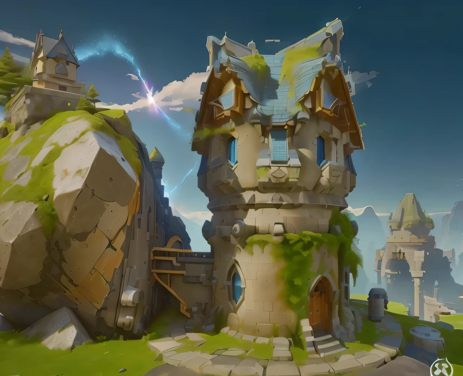 (turret), Top-centered, no background needed, Overwatch style, lol 게임의 turret,stone material, fantasy, Middle Ages, A big lump, no roof,Vegetation is also low, Moss green, low saturation, low green saturation, Emphasis on moss clumps