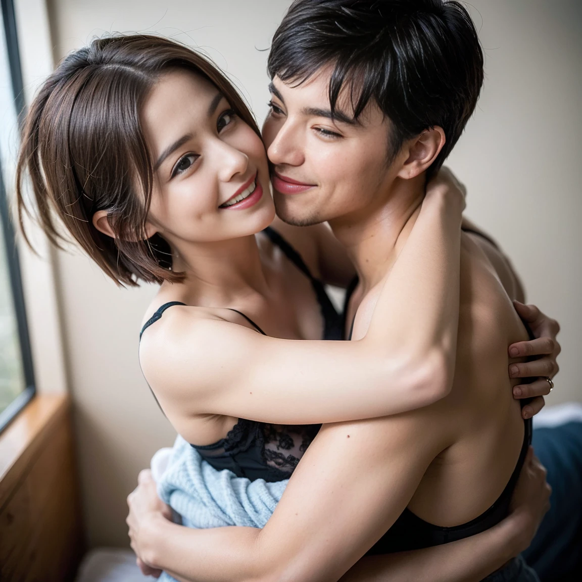 lens: 135mm f1.8, (Best image quality), (Beautiful 60-year-old Japanese twin sisters and a young man), (Moisturized lips), Narrow eyes, double eyelid, Delicate clavicle, Flat Chest, Shortcuts , (close:1.4) ), Embarrassment, faint smile, Dramatic lighting, (nude), (Sunburned skin: 0.2), Full body photo, Full Body Focus, Tight waist, Slim and slender figure、Anatomically correct、Live Action、smile、A neat and elegant woman、(((若い1boyとGroup Sexしています)))、hug、Licking each other、caress、Group Sex、On a white bed、A man embraces two women、Three people hugging each other、Bright lighting、Professional Lighting