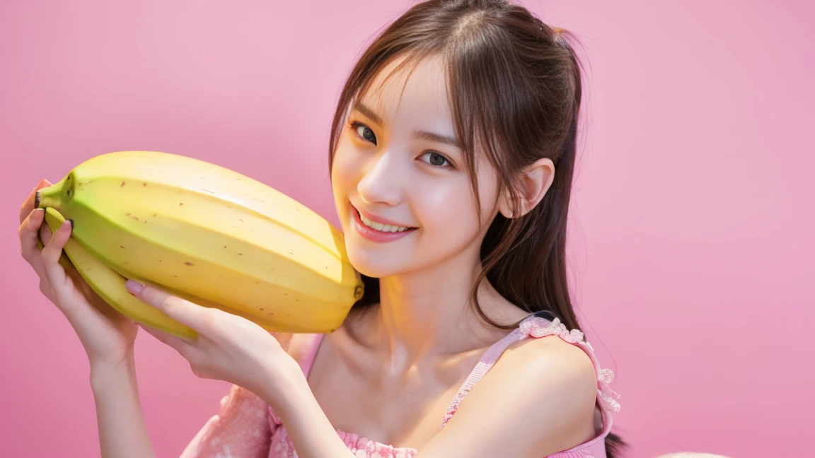 (Delicate face), (different face), (movie lighting), (ray tracing), (studio), (pink background), (textured skin), (4K), (best picture quality), (youthful vitality), (masterpiece), (detail), (full body), lively girl holding a banana, smiling at the screen in a different pose