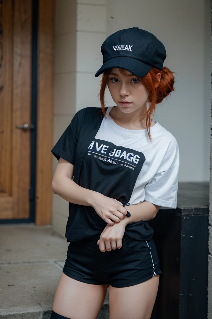 Red haired female character in bun , wearing a white and black book cap , wearing a black, dark blue shirt with bluebatwings written on it
, wearing dark blue and black shorts