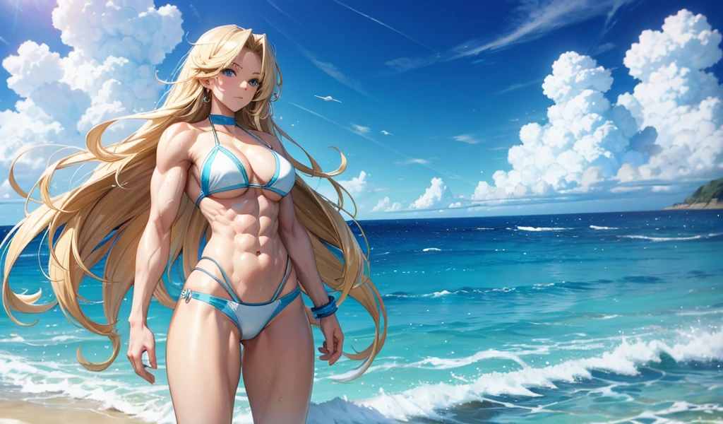 Muscular beauty with long blonde hair，Abdominal muscles，white blue bikini，thigh，Standing，Ocean，Ocean灘