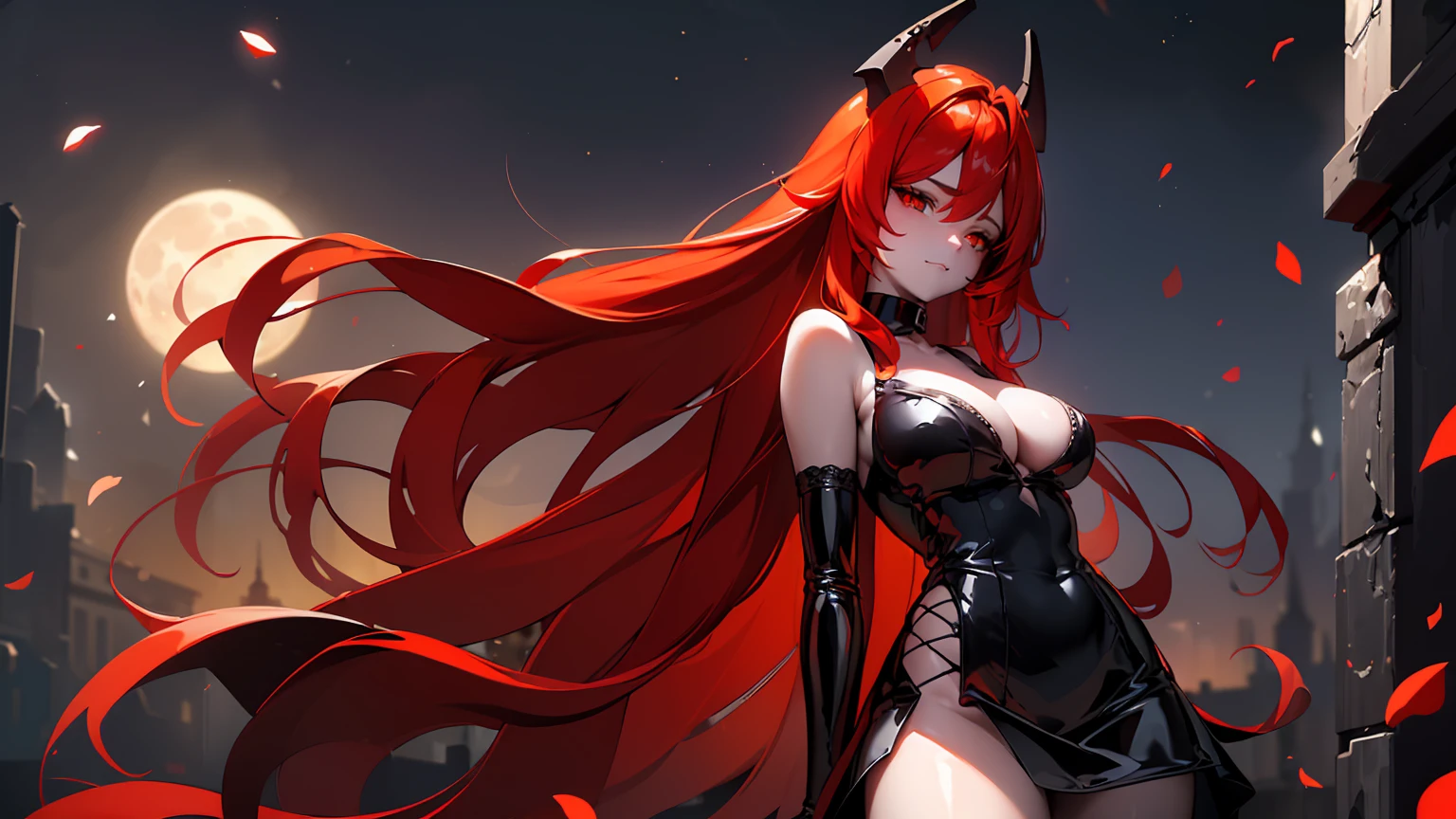 ((((Obra maestra, La mejor calidad, ultrahigh resolution)))), 1girl, standing,), ((long pure red hair, hair over eye)), long hair cut, shiny skin, ((golden eyes)), glowing_eyes, neon eyes, (ultra detailed eyes:0.7, beautiful and detailed face, detailed eyes:0.9), ((centered)), smirk, facing viewer, ((vibrant background, dark lighting, summer, sunlight)), large chested, looking at viewer, ((half closed eyes)), ((perfect hands)), (((head:1, arms,  in view, elbows, in view))), ((hands behind back)), empty eyes, beautiful lighting, ((outside, outdoors)), defined subject, head tilt, (((gritty)), ((creepy)), ((cool)), ((beautiful)), (((SFW))), horns, hair ornament, petals in the air, moon in the sky, city, mature woman, adult woman, sfw, black dress,  dress