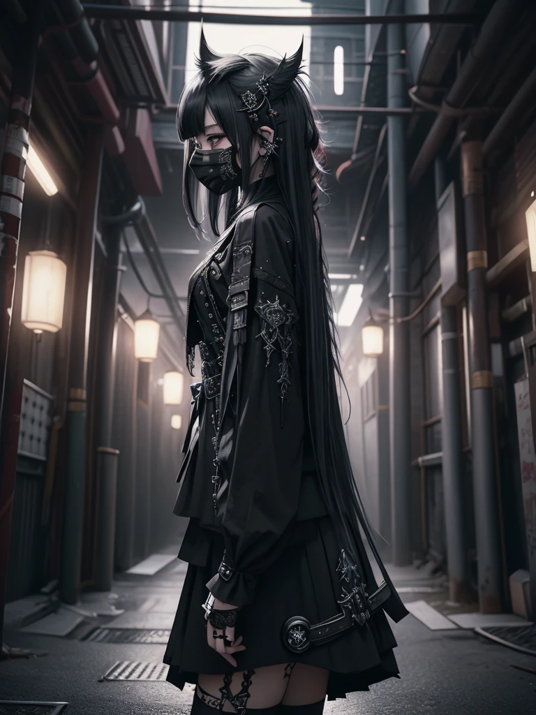 Highest quality、8K、masterpiece:1.3、Gothic Punk、The inside color is red、Black-haired、hair ornaments、Beautiful girl、creative、Dark Fantasy Style、Neogoth、Goth Fashion:1.2、High resolution、masterpiece、Highest quality、頭w:1.3、((Hasselblad Photos))、Fine skin、Sharp focus、(Cinematic lighting)、Realistic textured hair、((Black Mask)),Esbian all over、((View from below))