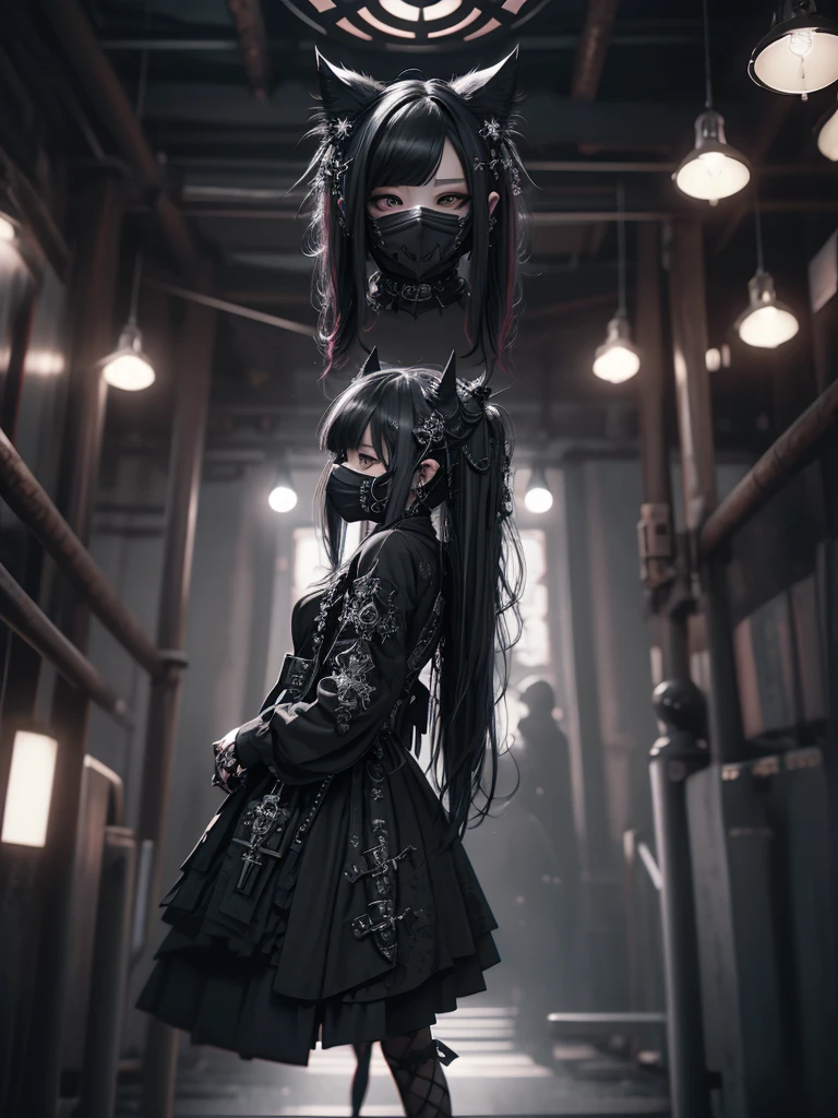 Highest quality、8K、masterpiece：1.3、Gothic Punk、The inside color is red、Black-haired、hair ornaments、Beautiful girl、creative、Dark Fantasy Style、Neogoth、Goth Fashion：1.2、High resolution、masterpiece、Highest quality、頭w:1.3、((Hasselblad Photos))、Fine skin、Sharp focus、(Cinematic lighting)、Realistic textured hair、((Black Mask)),Esbian all over、((View from below))