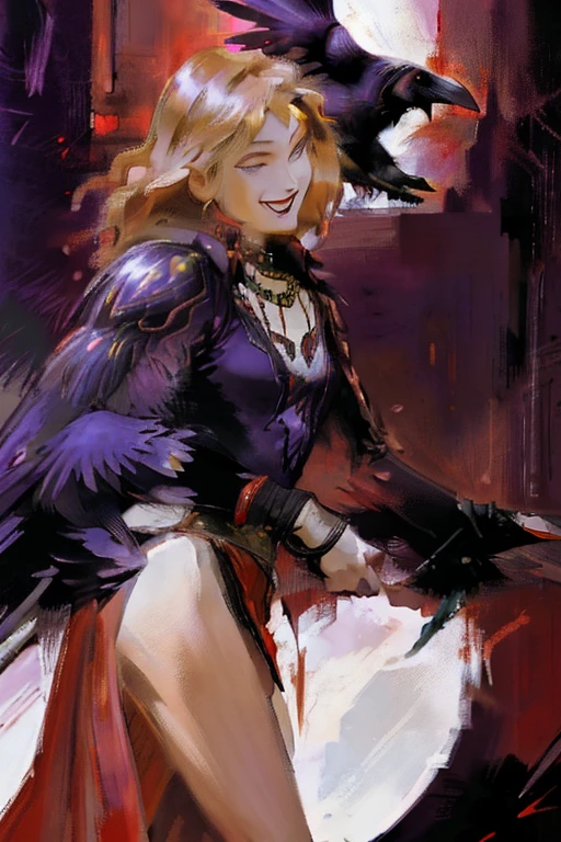 ((playing with a raven:1.4)).Athletic blonde woman, (short hair), tomboy, cute, ((smile)), Red lipstick,necklace, red lace top, black pencil skirt, high heels. Masterpiece, (highly detailed:1.2),(detailed face and eyes:1.2), 8k wallpaper, Moody lighting. core shadows, high contrast, bokeh