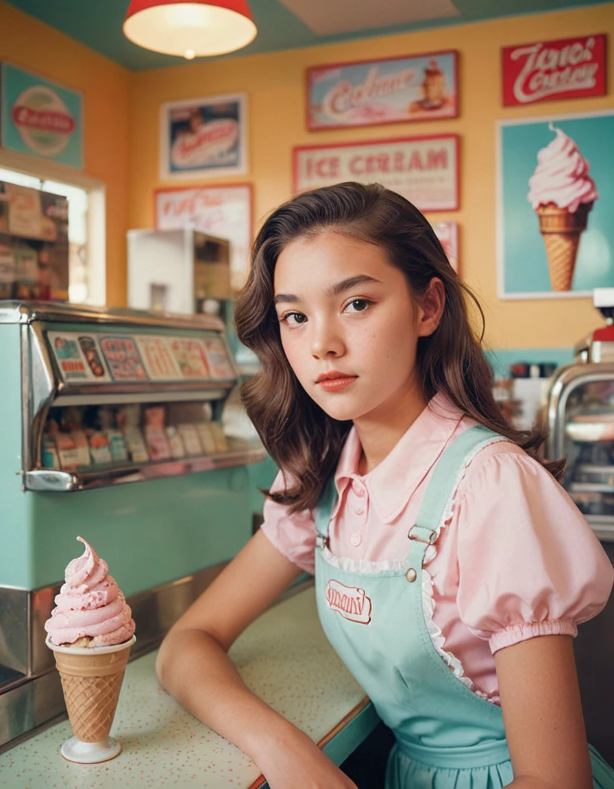 Portrait MagMix Girl looking at the camera, long hair, Bib dress, Retro style ice cream shop with pastel colored walls., Classic soda fountain counter, and vintage ice cream posters, Bathed in warm sunlight, analog film photography, Codachrome.