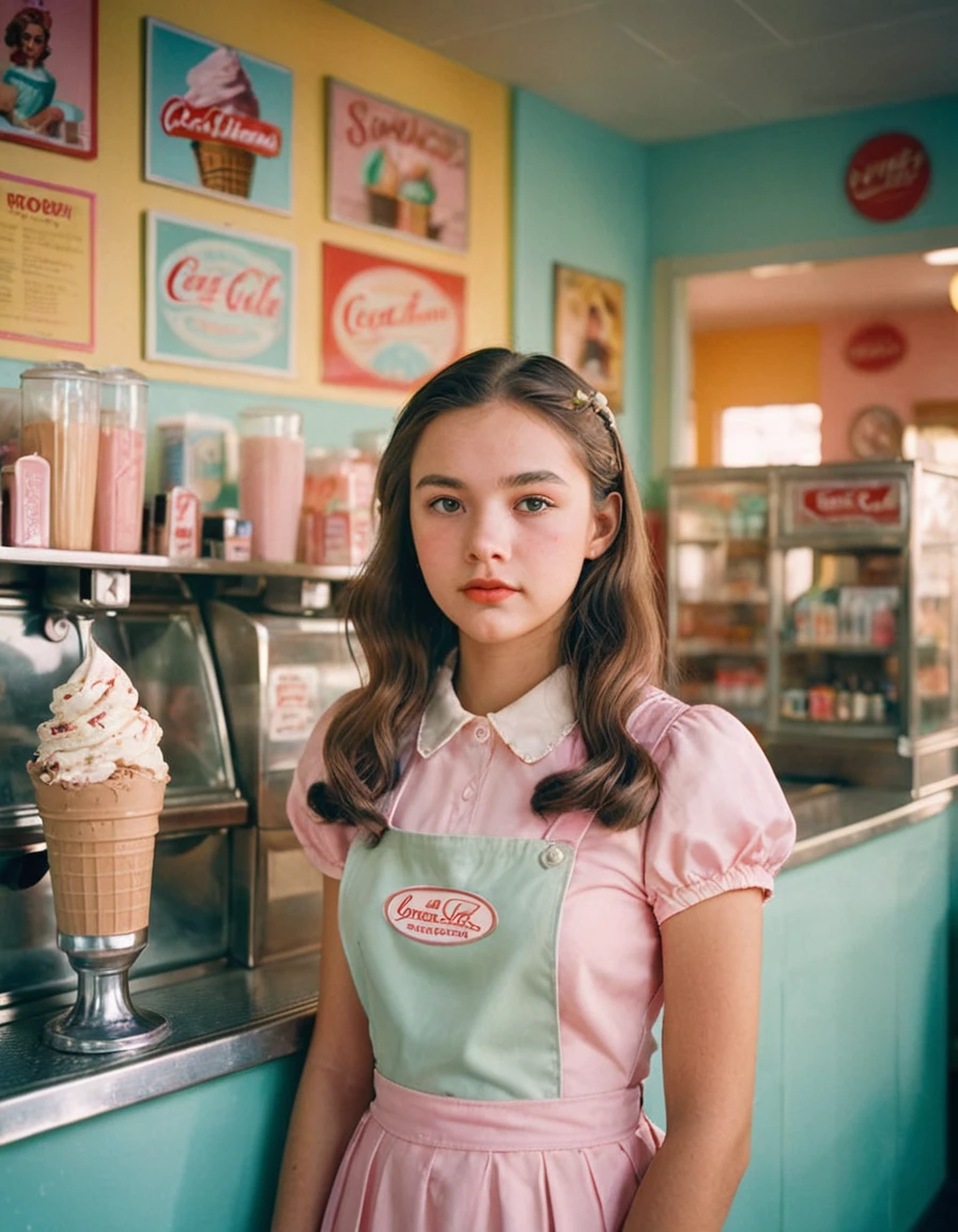 Portrait MagMix Girl looking at the camera, long hair, Bib dress, Retro style ice cream shop with pastel colored walls., Classic soda fountain counter, and vintage ice cream posters, Bathed in warm sunlight, analog film photography, Codachrome.