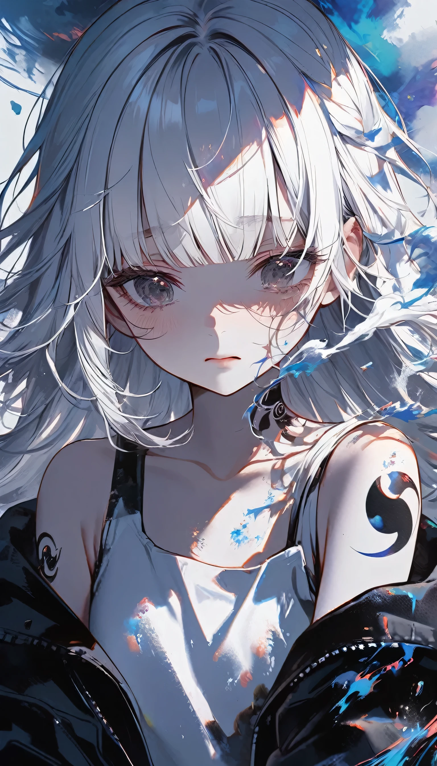 1girl, kawaii, melancholy expression, long hair, bangs, long cropped bangs hide both eyes, bare shoulders, jacket, upper body, white hair, blunt bangs, off shoulder, open jacket, black jacket, hair over eyes, arm tattoo, shoulder tattoo, Around the girl are splashes of black and white paint or ink that reflect the colors of the yin-yang symbol behind her Smoke and fog intertwined with the paint splashes add to the dramatic effect,