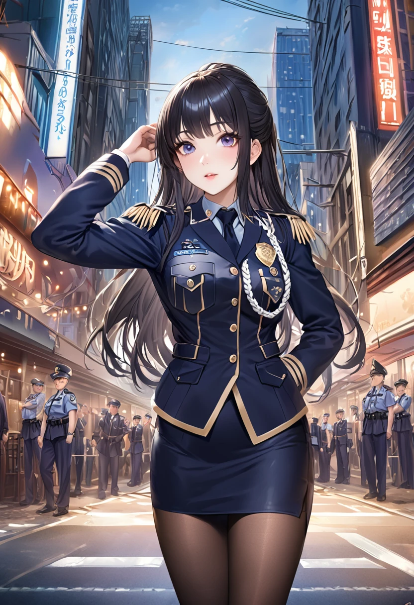 Highest品質、masterpiece、8K、Realistic、超High resolution、Very delicate and beautiful、High resolution、Cinema Lighting、medium range shooting、Portraiture、Perfect female body、Beautiful woman、Mature Woman、Put your hands on your head、View your audience、((Standing position:1.6))、Medium Chest、Cityscape、Ryuzoji Akane、(Hime cut:1.8、Half-up long hair:1.8、Black Hair、Purple ribbon)、((Female police officer:1.4、Female police officerの、Female police officerの制帽、Uniform Buttons、tie、Uniform jacket))、Police Vehicles、Baton、handcuffs、wireless、Highest、Leather shoes、Name tag、uniform patch、防弾Highest、Police Badge、pantyhose、Pencil Skirt、pumps、Police Badge、Epaulettes、White handbag