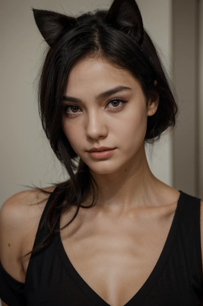 a girl with shoulder-length black hair and cat-like eyes , the defined face with the jawline and beautiful skin
