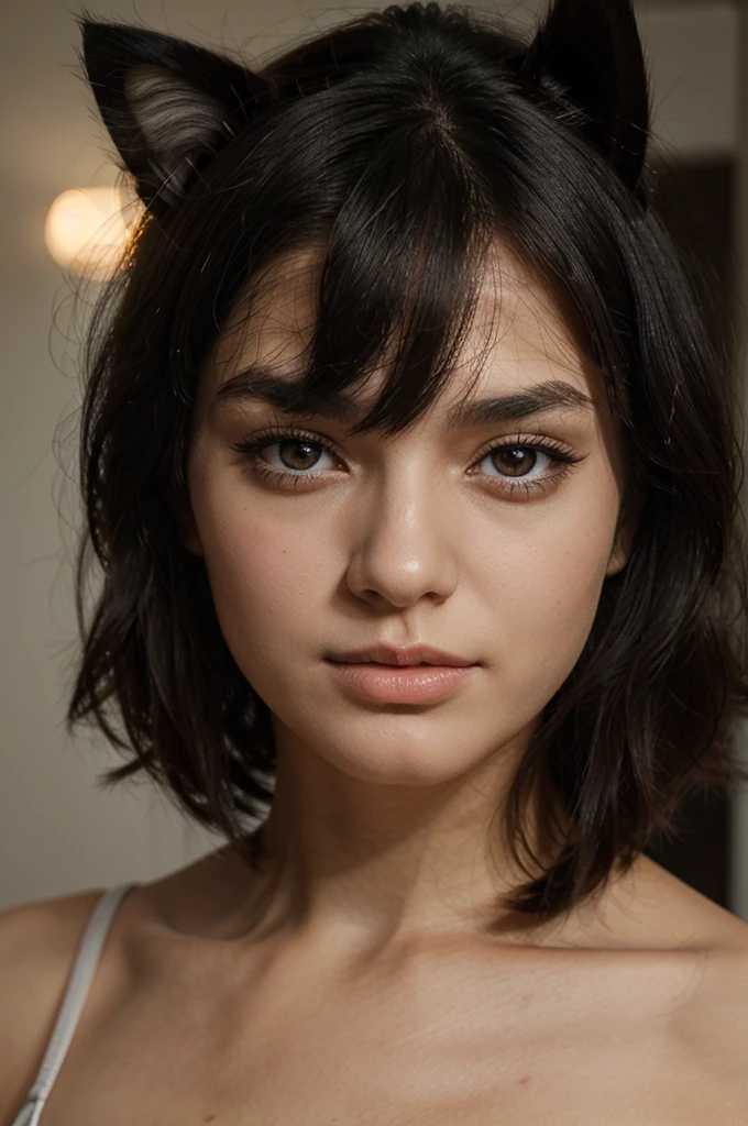 a girl with shoulder-length black hair and cat-like eyes , the defined face with the jawline and beautiful skin