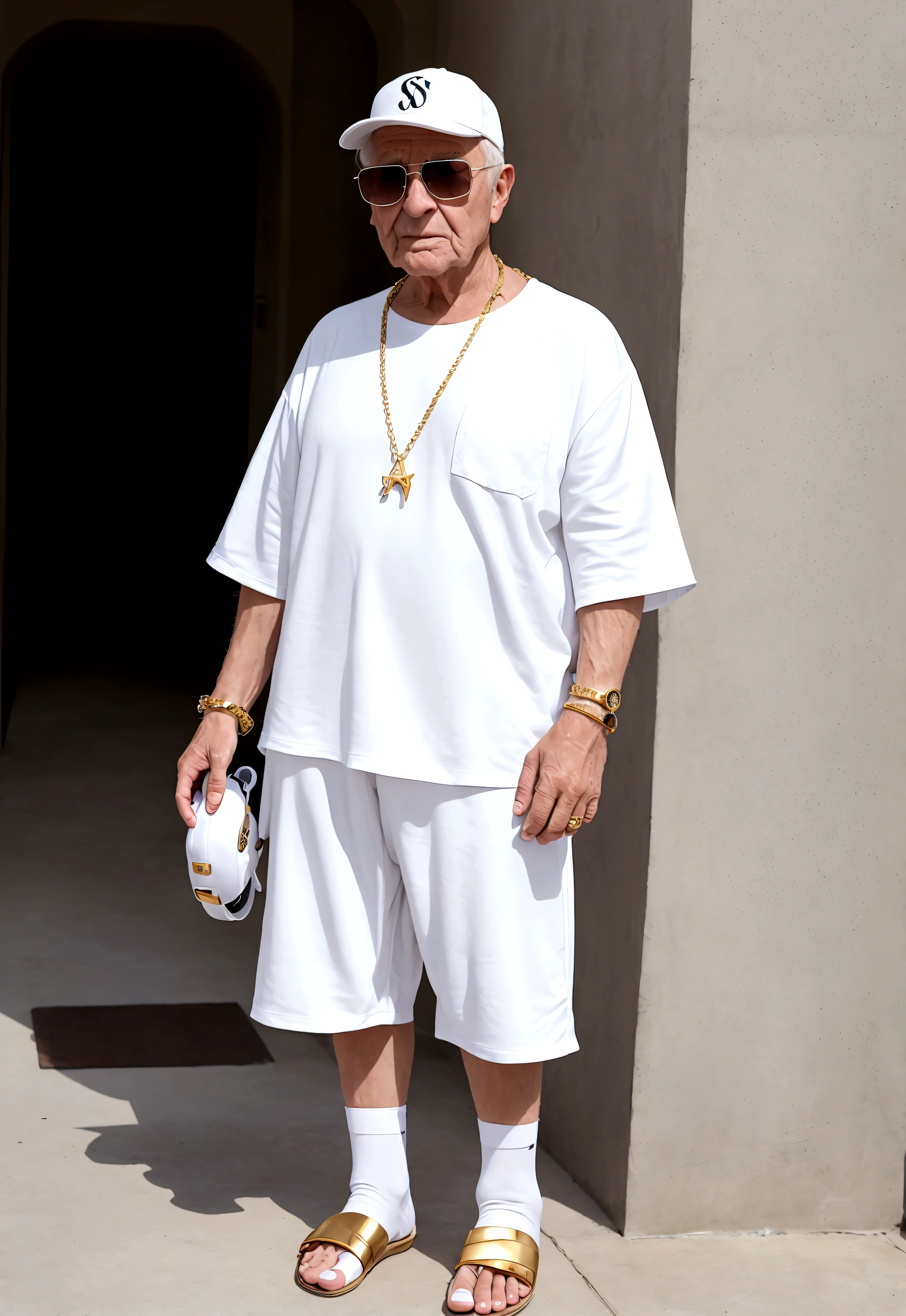 an old cool man in white socks in sandals, Make sure that the whole foot is covered with white socks and no skin is visible, Sunglasses on, snapback cap, cooles Outfit, Gold chain, 5 fingers on each hand, photrealistic, 8K
