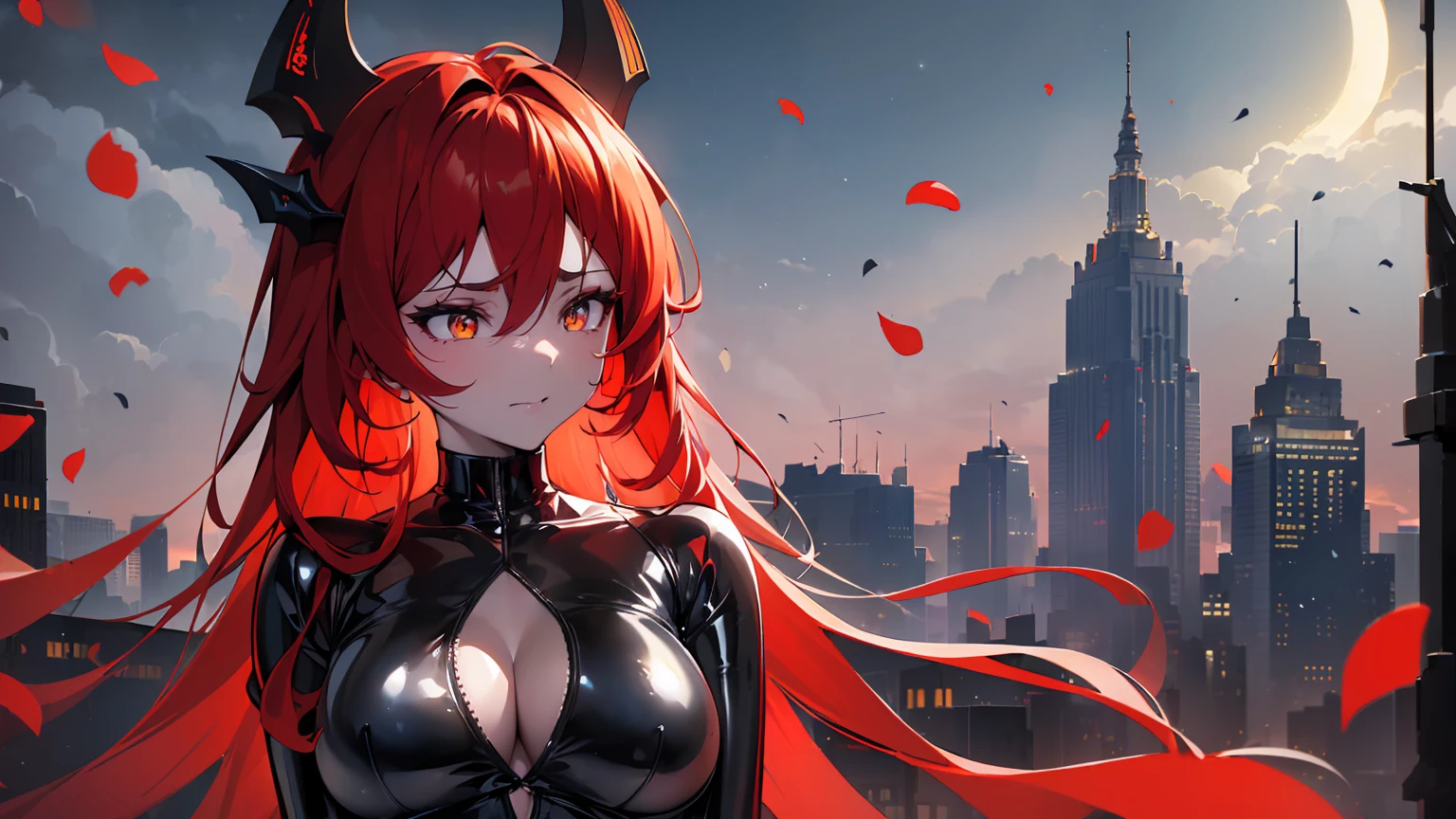 ((((Obra maestra, La mejor calidad, ultrahigh resolution)))), 1girl, standing,), ((long pure red hair, hair over eye)), long hair cut, shiny skin, ((golden eyes)), glowing_eyes, neon eyes, (ultra detailed eyes:0.7, beautiful and detailed face, detailed eyes:0.9), ((centered)), smirk, facing viewer, ((vibrant background, dark lighting, summer, sunlight)), large chested, looking at viewer, ((half closed eyes)), ((perfect hands)), (((head:1, arms, hips in view, elbows, in view))), ((hands behind back)), empty eyes, beautiful lighting, ((outside, outdoors)), defined subject, head tilt, (((gritty)), ((creepy)), ((cool)), ((beautiful)), (((SFW))), horns, hair ornament, petals in the air, moon in the sky, city, mature woman, adult woman, sfw, black dress, latex dress