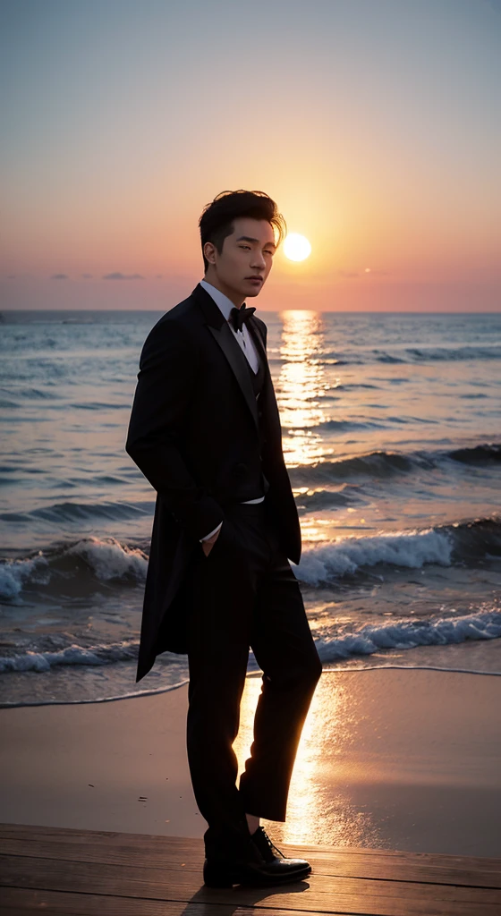 He stood on the deck,Wearing a black suit overlooking the sea and sunshine, with sunset, sunset, With the sunset,, gorgeous romantic sunset, Cinematic full shots, photo shoot, sunset, Stills, asian man, cool movie poses