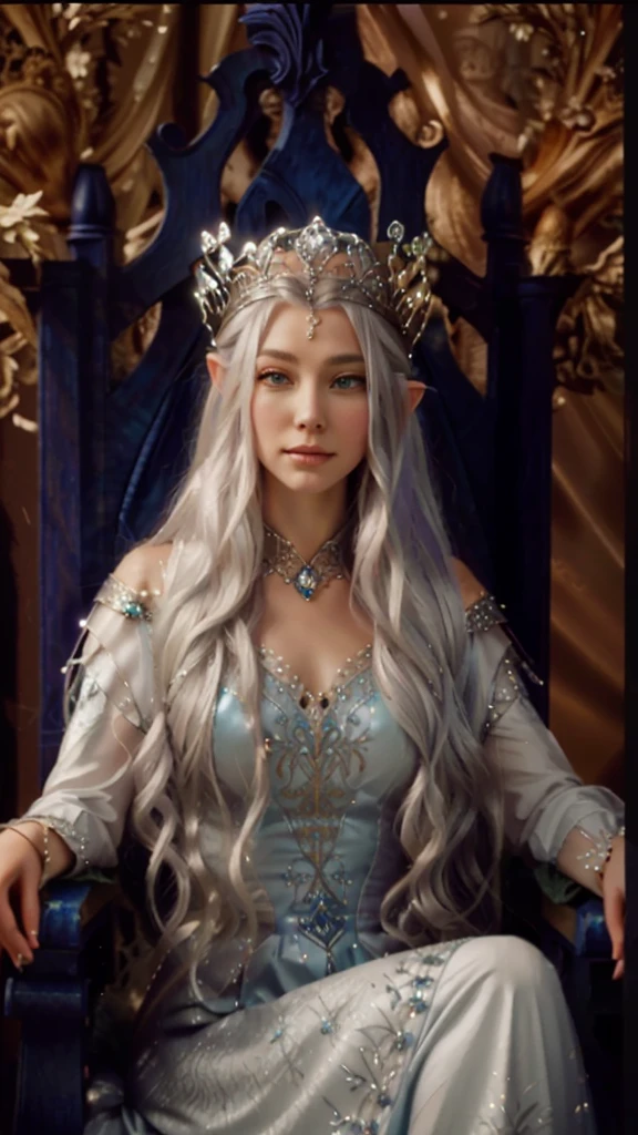 A lady sitting on a throne，Close-up of a crowned head, ((Beautiful fantasy queen)), Silver-haired Elf Queen, portrait of an Fairy Queen, beautiful Elf Princess, Fairy Queen Galadriel, Beautiful fantasy queen, beautiful and elegant Fairy Queen, Elf Princess, an Fairy Queen, elfic priestess, Fairy Queen