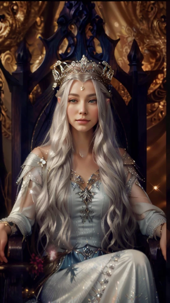 A lady sitting on a throne,Close-up of a crowned head, ((Beautiful fantasy queen)), Silver-haired Elf Queen, portrait of an Fairy Queen, beautiful Elf Princess, Fairy Queen Galadriel, Beautiful fantasy queen, beautiful and elegant Fairy Queen, Elf Princess, an Fairy Queen, elfic priestess, Fairy Queen