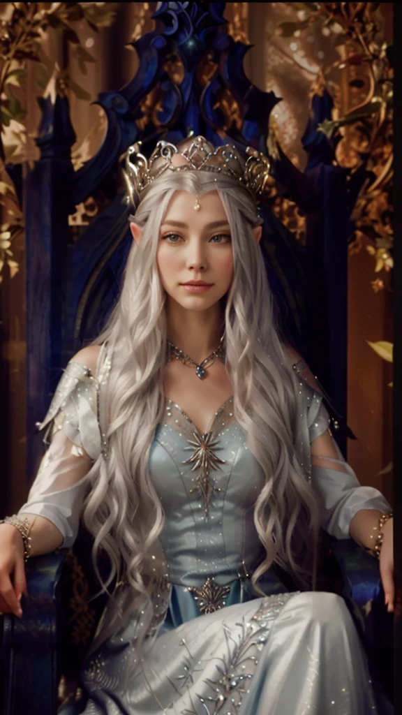 A lady sitting on a throne,Close-up of a crowned head, ((Beautiful fantasy queen)), Silver-haired Elf Queen, portrait of an Fairy Queen, beautiful Elf Princess, Fairy Queen Galadriel, Beautiful fantasy queen, beautiful and elegant Fairy Queen, Elf Princess, an Fairy Queen, elfic priestess, Fairy Queen