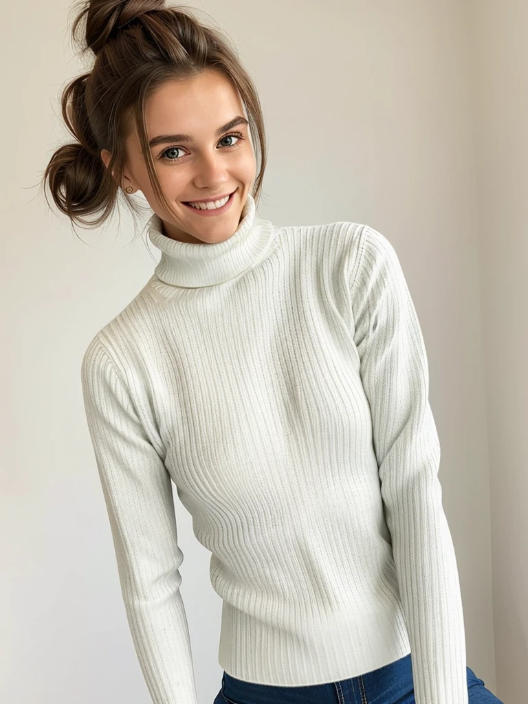 photo of a playful cute teen submissive wife messy long hair thrown into a messy bun ponytail. She wears: (turtleneck high ribbed bright tight white sweater:1.1), submissive seductive pose, high tight ribbed neck, seductive smile, perfect fake tits, turtleneck top