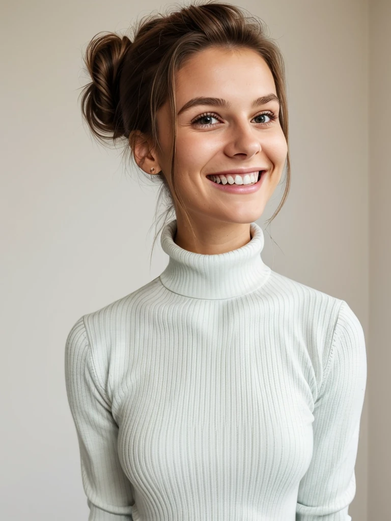photo of a playful cute teen submissive wife messy long hair thrown into a messy bun ponytail. She wears: (turtleneck high ribbed bright tight white sweater:1.1), submissive seductive pose, high tight ribbed neck, seductive smile, perfect fake tits, turtleneck top