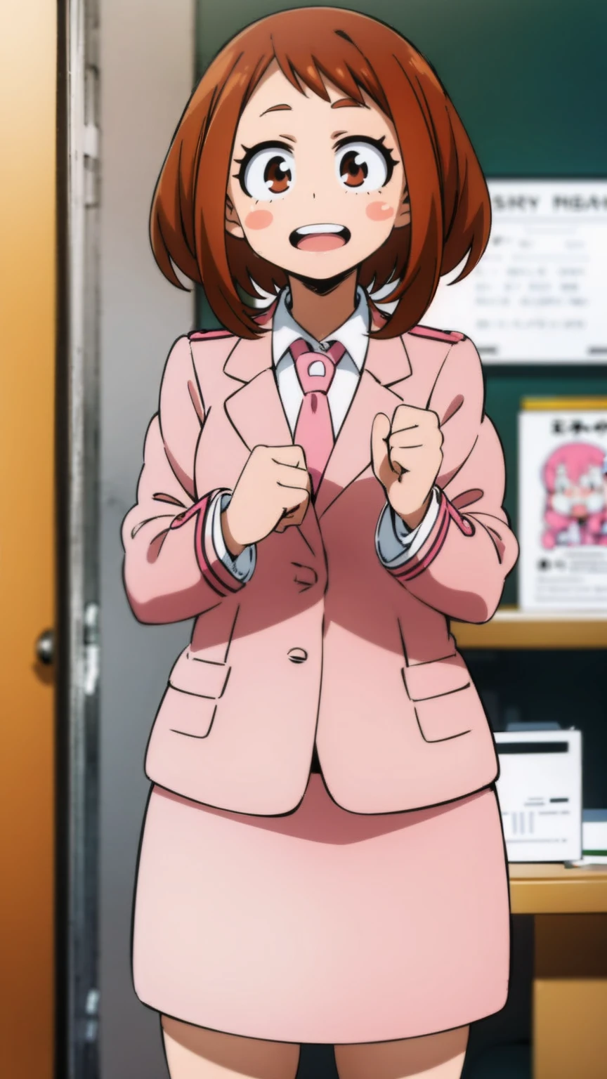ochaco_uraraka, 1girl, solo, pink skirt suit, necktie, blush_stickers, pink pencil skirt, open_mouth, looking_at_viewer, smile, pink blazer, :d, long_sleeves, teeth, shirt, white_shirt, blush, cowboy_shot, standing, indoors, office, full_body, high_heels