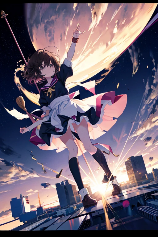 anime,cute, 5000 meters above the clouds,A magical girl is looking down at the ground from above the clouds.,Back view,6 year old girl,A nuclear weapon lands and explodes, causing black clouds to rise high into the sky,Short Bob Hair,Brown Hair,White ruffled apron dress,Wear a petticoat,Wear knee-high socks,Angry expression,Throwing a spear,Full body portrait,Beautiful background,High resolution backgrounds,Diagonal top view,Card Captor Sakura