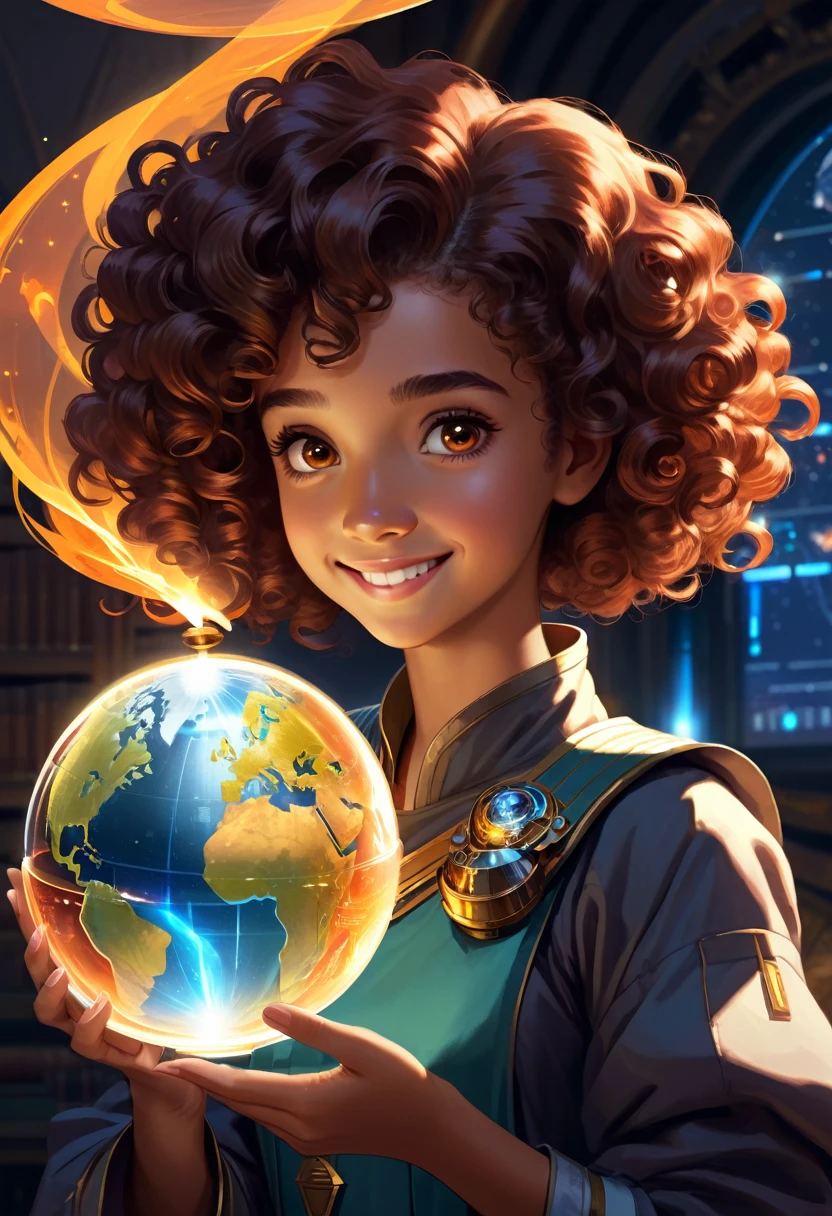gemtech , Science-Fiction, internal reflections , transparent, inner details , Scholars , scroll, 1 girl,shorth hair, curly hair, glowing eyes, smile ,closed mouth, fire von hair hair, hold a globe