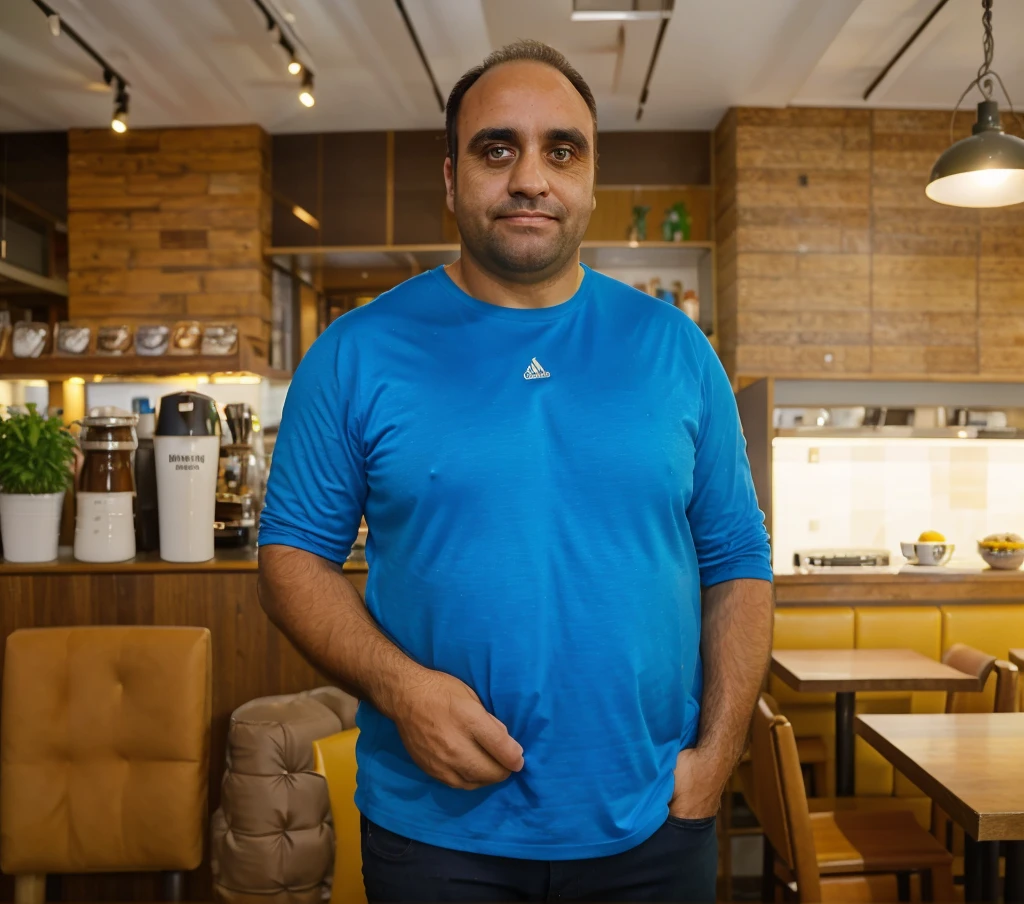 a 40-year-old man, , brown eyes and hair, 95kg, full body,  , realistic, ultra-detailed, vivid colors, professional lighting, portrait, In a cafe, distracted photo, Professional photo, distracted look,realistic photo brazil 