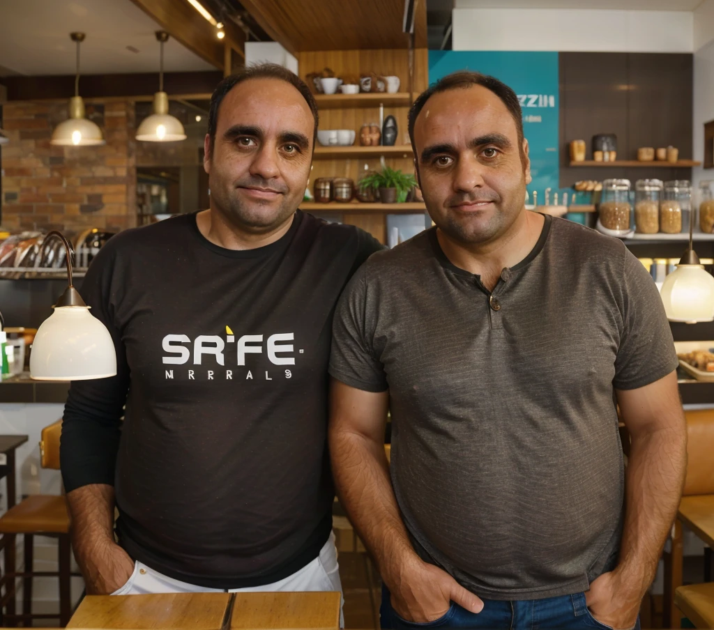 a 40-year-old man, , brown eyes and hair, 95kg, full body,  , realistic, ultra-detailed, vivid colors, professional lighting, portrait, In a cafe, distracted photo, Professional photo, distracted look,realistic photo brazil 