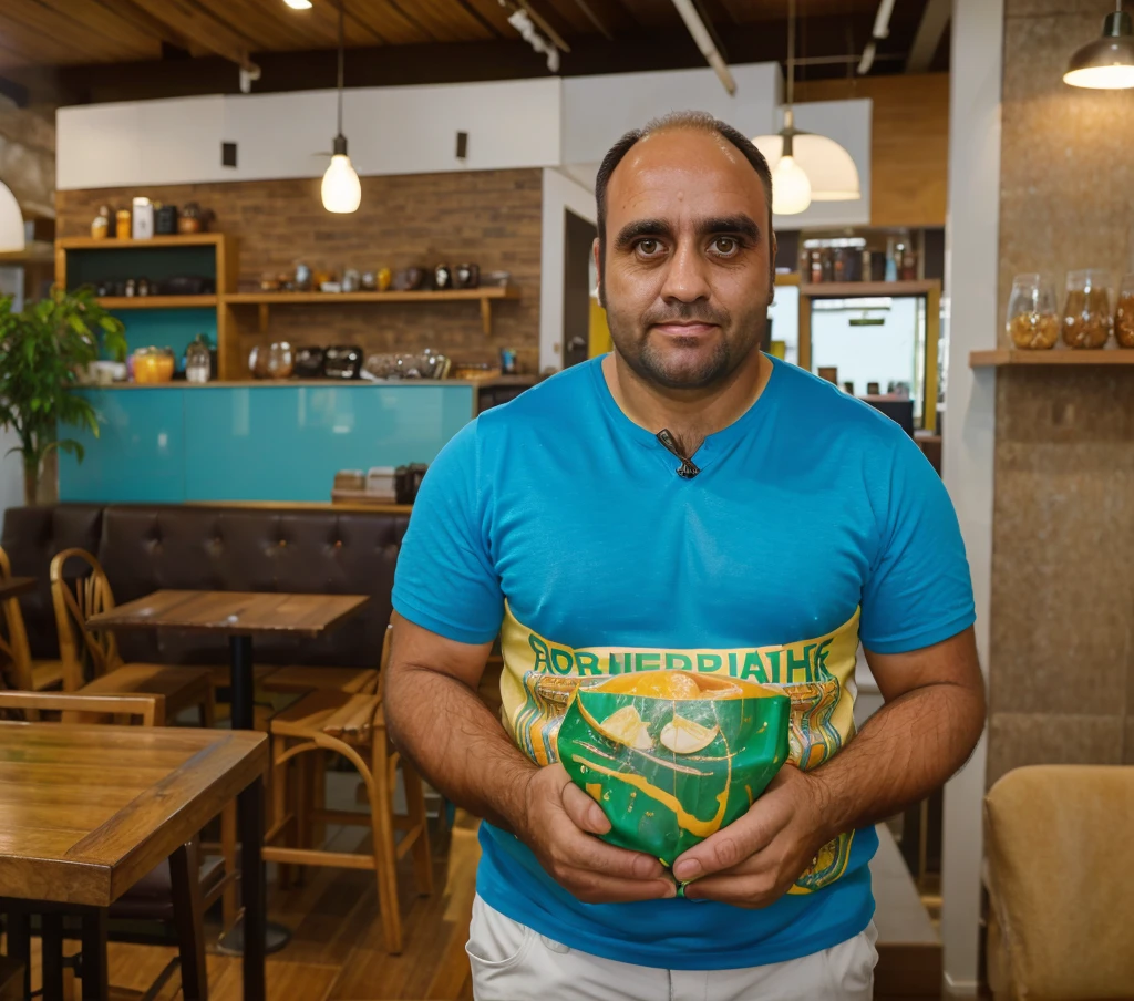 a 40-year-old man, , brown eyes and hair, 95kg, full body,  , realistic, ultra-detailed, vivid colors, professional lighting, portrait, In a cafe, distracted photo, Professional photo, distracted look,realistic photo brazil 