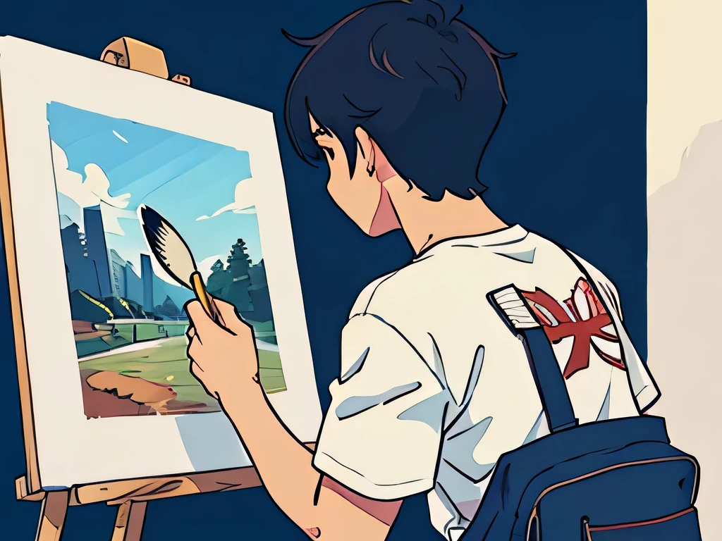 perfect anime illustration, back view illustration of a boy wearing a tshirt, painting on a canvas holding a brush, view from back